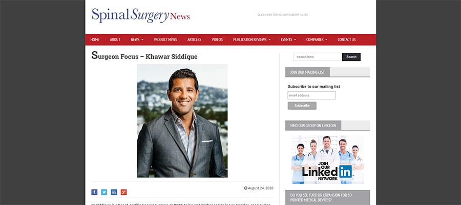 Screenshot of the article titled: Surgeon Focus – Khawar Siddique