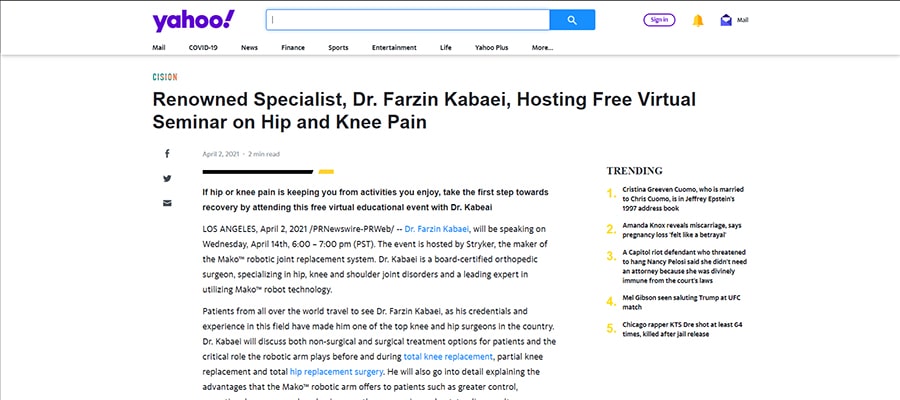 Screenshot of the article titled: Renowned Specialist, Dr. Farzin Kabaei, Hosting Free Virtual Seminar on Hip and Knee Pain