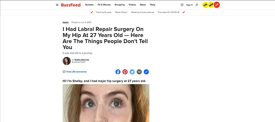 Screenshot of the article titled: I Had Labral Repair Surgery On My Hip At 27 Years Old — Here Are The Things People Don't Tell You