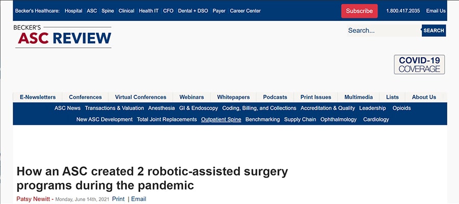 Screenshot of the article titled: How an ASC created 2 robotic-assisted surgery programs during the pandemic