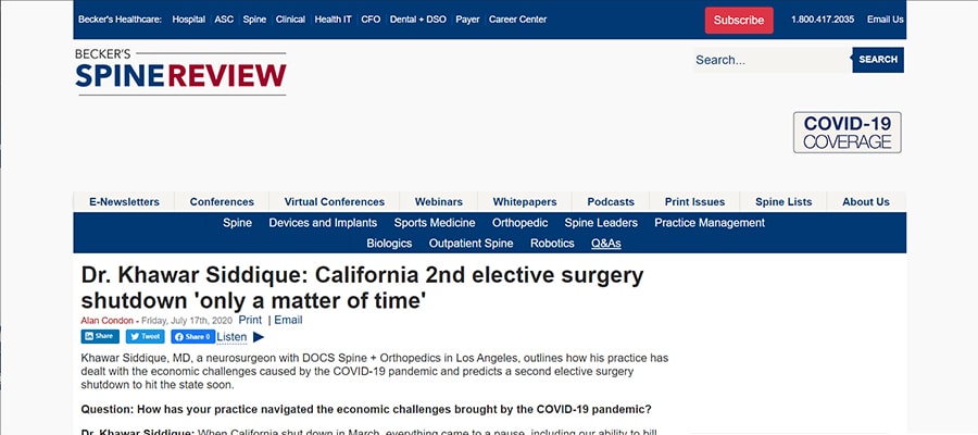Screenshot of the article titled: Dr. Khawar Siddique: California 2nd elective surgery shutdown 'only a matter of time'