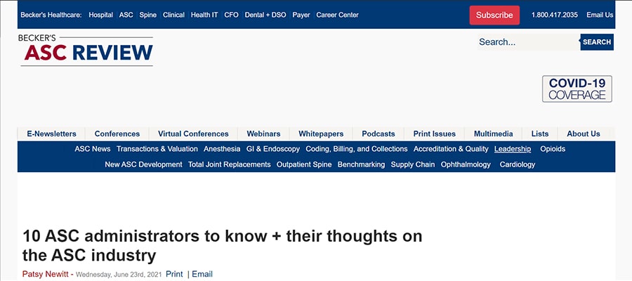 Screenshot of the article titled: 10 ASC administrators to know + their thoughts on the ASC industry