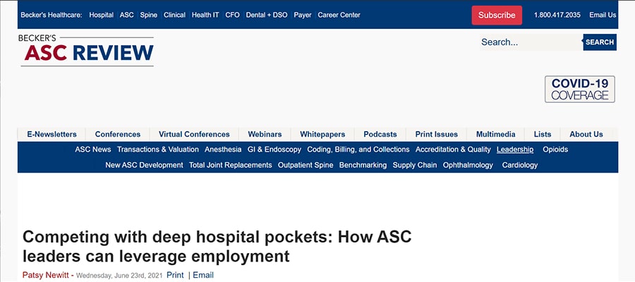 Screenshot of the article titled: Competing with deep hospital pockets: How ASC leaders can leverage employment