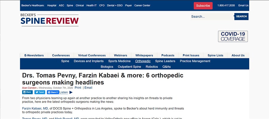 Screenshot of the article titled: Drs. Tomas Pevny, Farzin Kabaei & more: 6 orthopedic surgeons making headlines