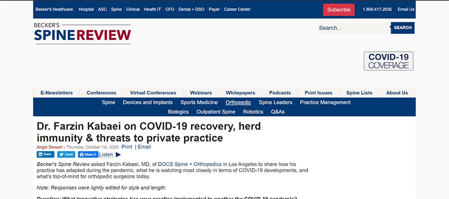 Screenshot of the article titled: Dr. Farzin Kabaei on COVID-19 recovery, herd immunity & threats to private practice