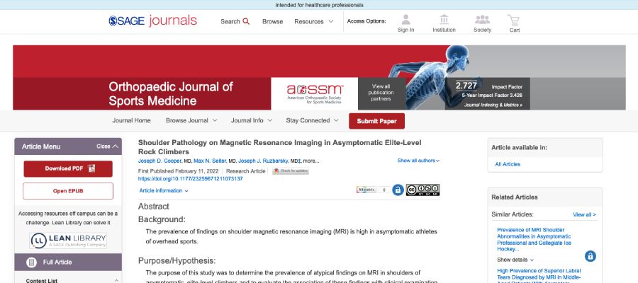 Screenshot of the article titled: Shoulder Pathology on Magnetic Resonance Imaging in Asymptomatic Elite-Level Rock Climbers 