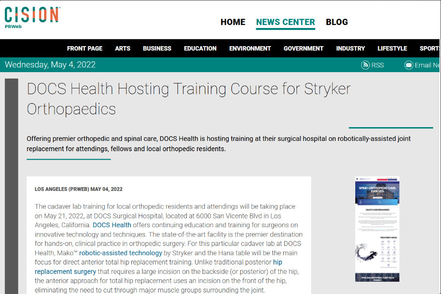 Screenshot of the article titled:  DOCS Health Hosting Training Course for Stryker Orthopaedics