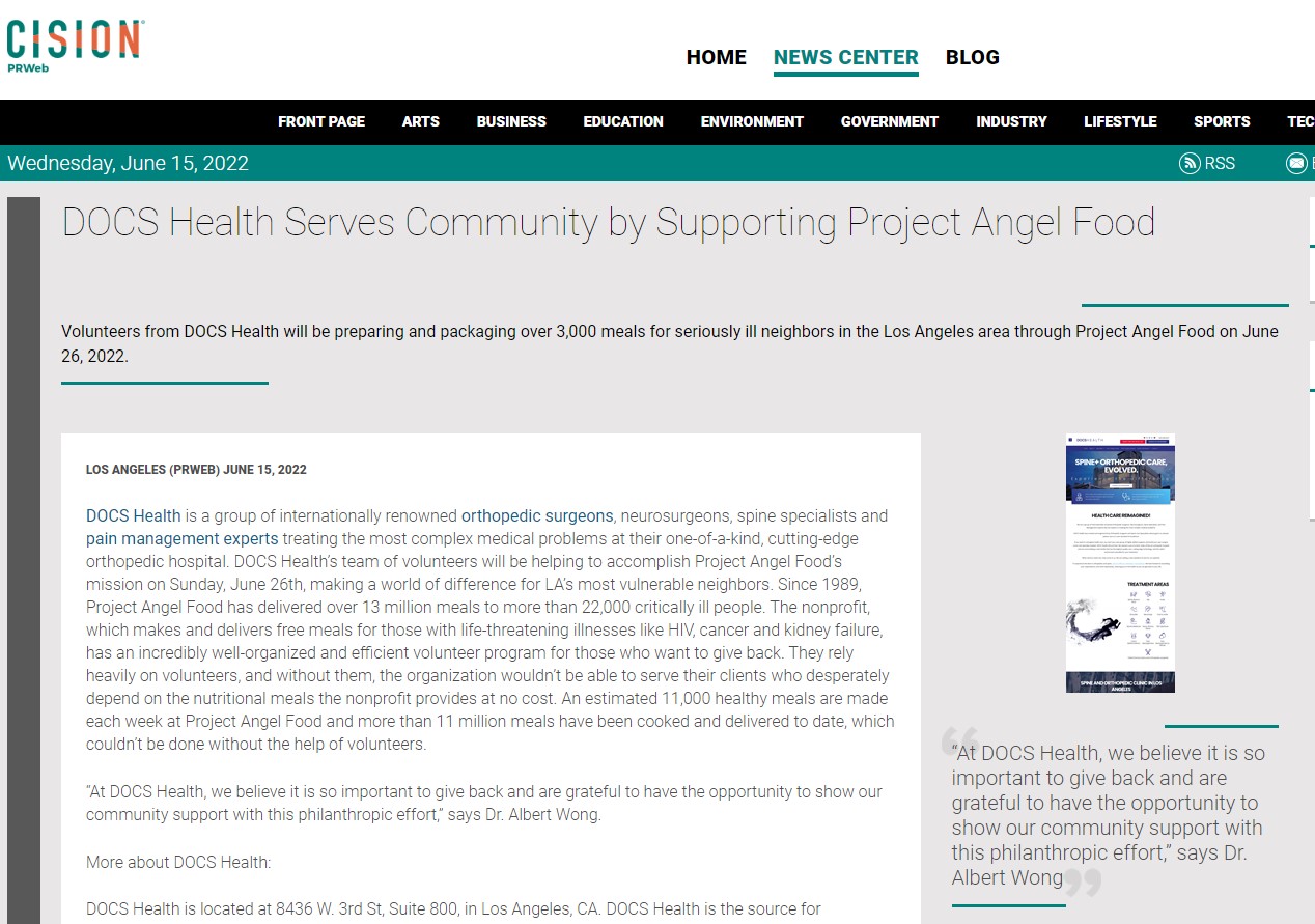 Screenshot of the article titled: DOCS Health Serves Community by Supporting Project Angel Food