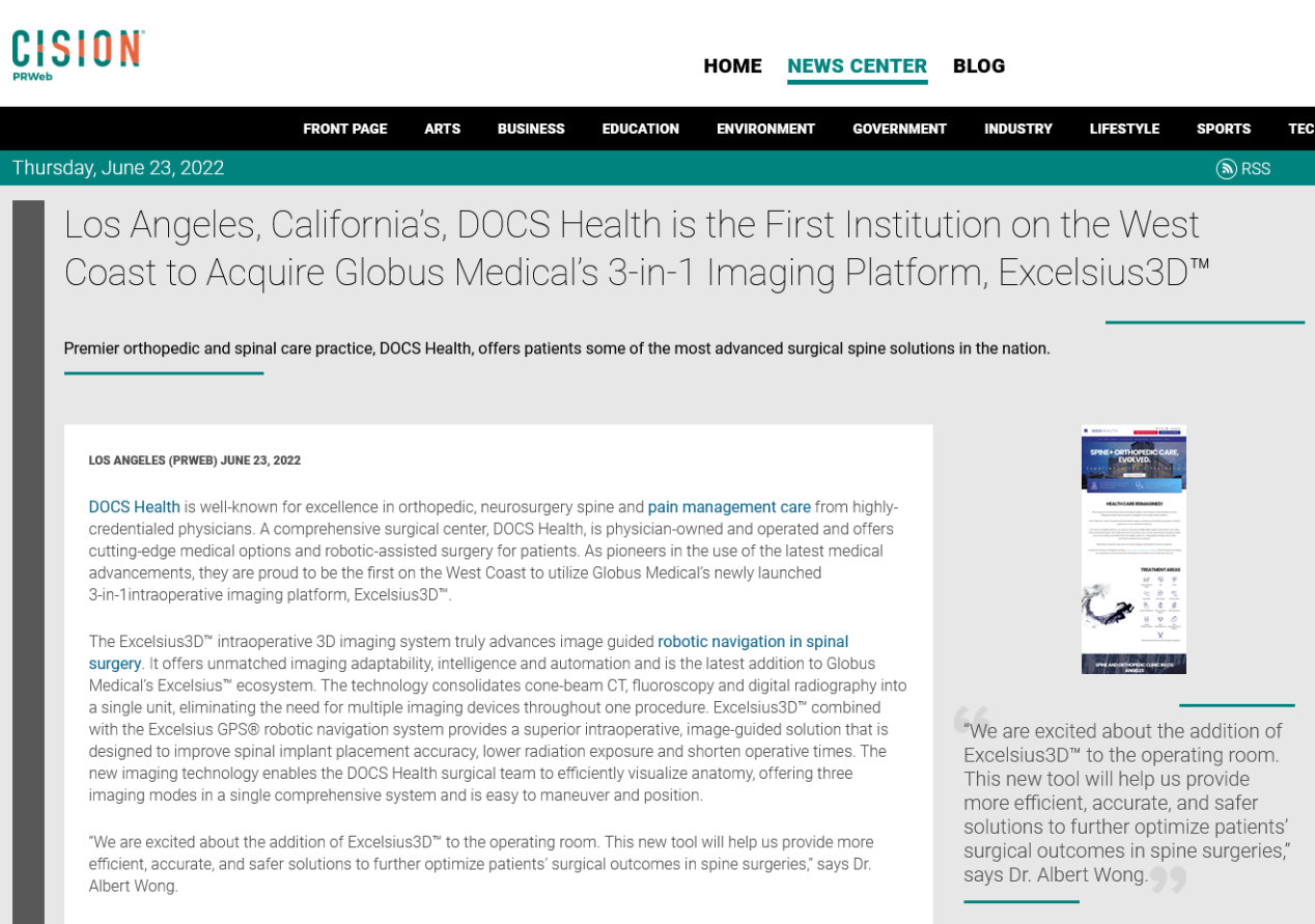 Screenshot of the article titled:  Los Angeles, California’s, DOCS Health is the First Institution on the West Coast to Acquire Globus Medical’s 3-in-1 Imaging Platform, Excelsius3D™