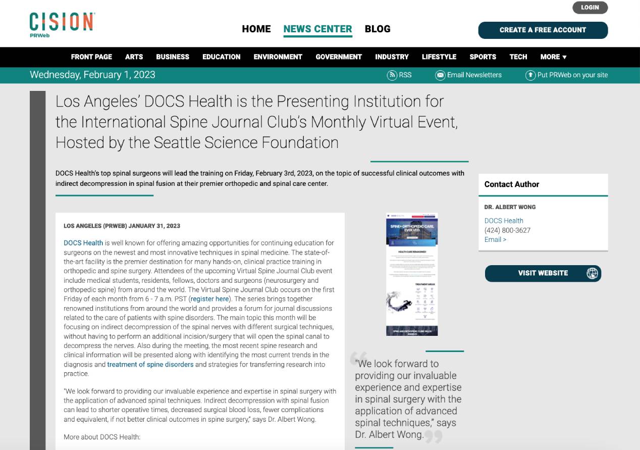 Screenshot of the article titled: Los Angeles’ DOCS Health is the Presenting Institution for the International Spine Journal Club’s Monthly Virtual Event, Hosted by the Seattle Science Foundation