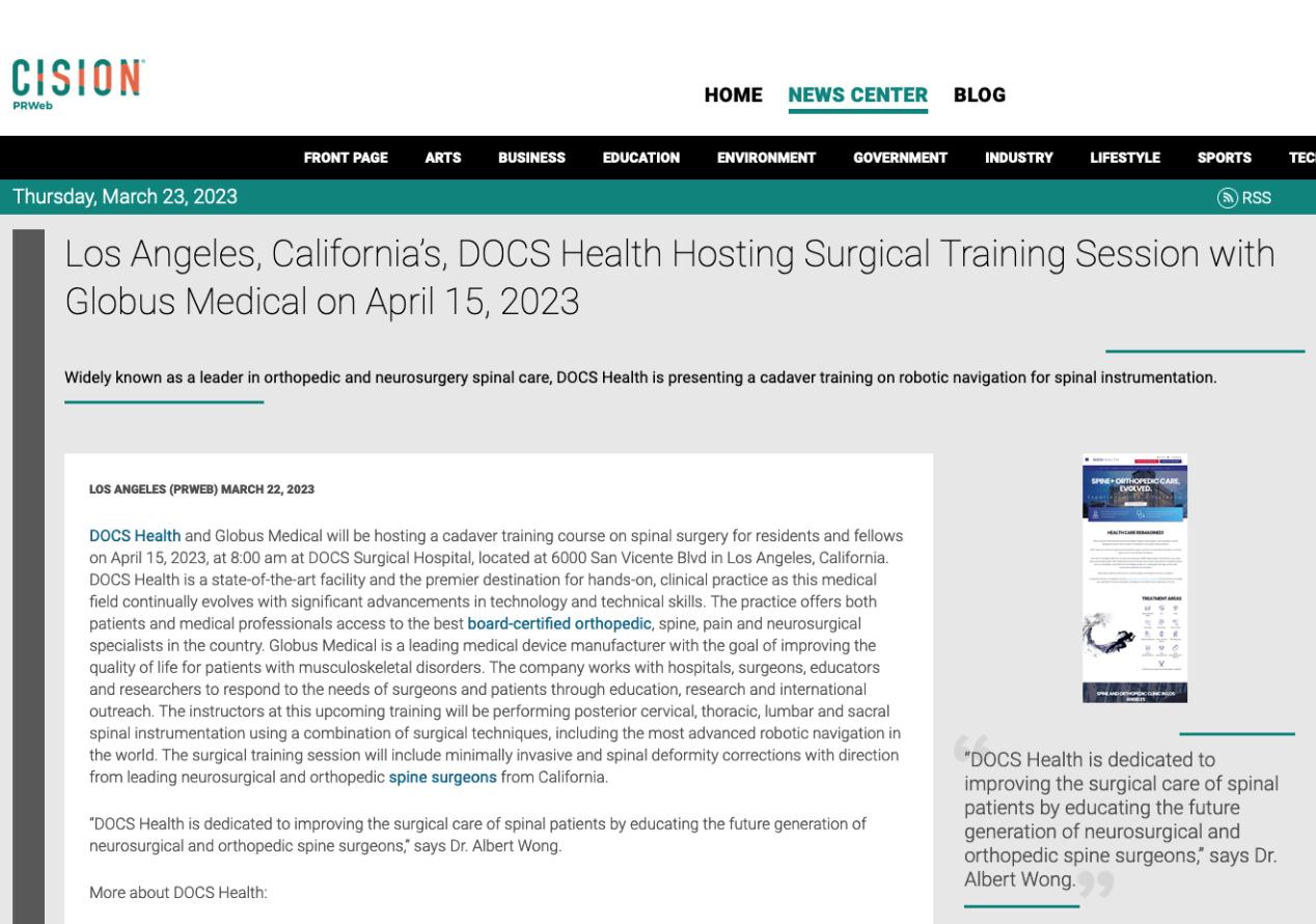 Screenshot of the article titled:  Los Angeles, California’s, DOCS Health Hosting Surgical Training Session with Globus Medical on April 15, 2023