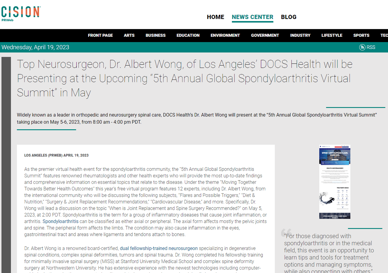 Screenshot of the article titled: Top Neurosurgeon, Dr. Albert Wong, of Los Angeles’ DOCS Health will be Presenting at the Upcoming “5th Annual Global Spondyloarthritis Virtual Summit” in May