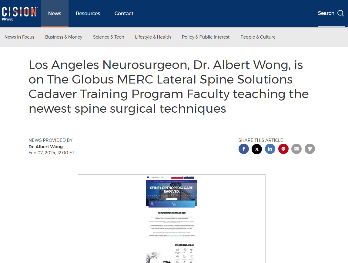 Screenshot of the article titled: Los Angeles Neurosurgeon, Dr. Albert Wong, is on The Globus MERC Lateral Spine Solutions Cadaver Training Program Faculty teaching the newest spine surgical techniques