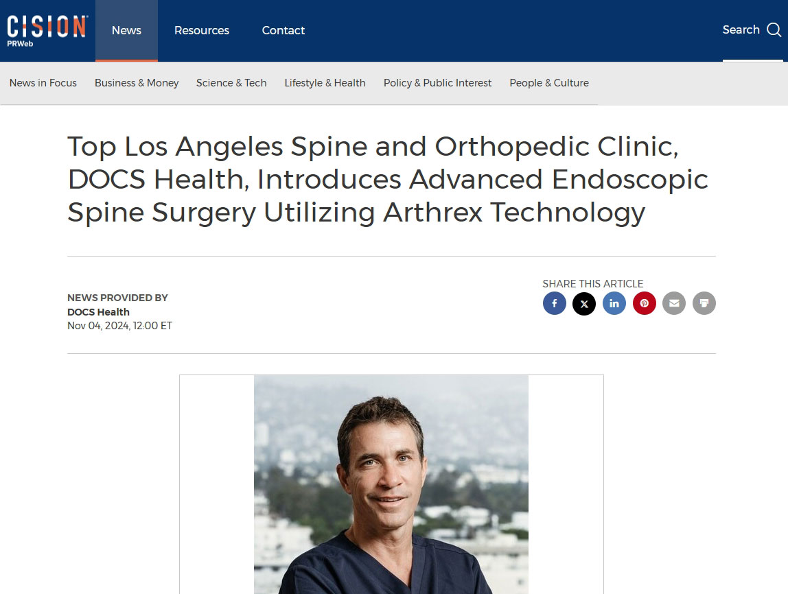 Screenshot of the article titled: Top Los Angeles Spine and Orthopedic Clinic, DOCS Health, Introduces Advanced Endoscopic Spine Surgery Utilizing Arthrex Technology