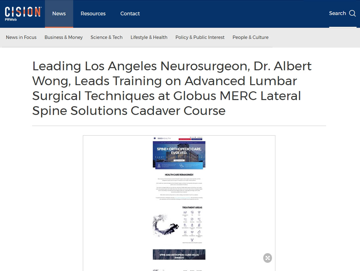 Screenshot of the article titled: Leading Los Angeles Neurosurgeon, Dr. Albert Wong, Leads Training on Advanced Lumbar Surgical Techniques at Globus MERC Lateral Spine Solutions Cadaver Course