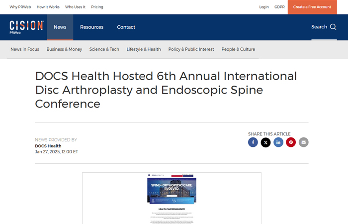 Screenshot of the article titled: DOCS Health Hosted 6th Annual International Disc Arthroplasty and Endoscopic Spine Conference