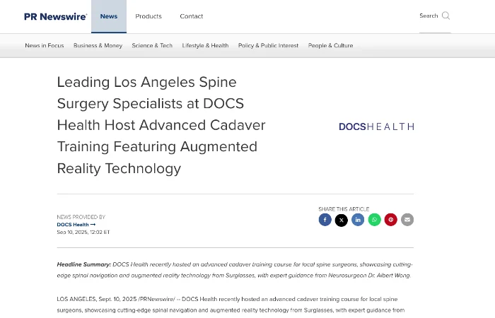 Screenshot of the article titled: Leading Los Angeles Spine Surgery Specialists at DOCS Health Host Advanced Cadaver Training Featuring Augmented Reality Technology