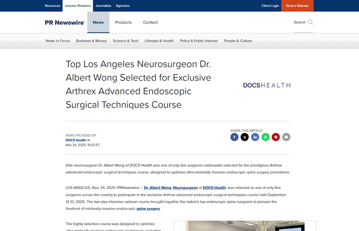 Screenshot of the article titled: Top Los Angeles Neurosurgeon Dr. Albert Wong Selected for Exclusive Arthrex Advanced Endoscopic Surgical Techniques Course