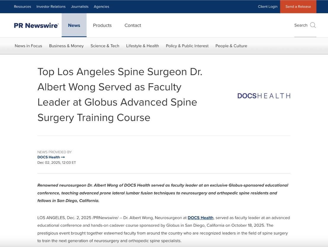 Screenshot of the article titled: Top Los Angeles Spine Surgeon Dr. Albert Wong Served as Faculty Leader at Globus Advanced Spine Surgery Training Course